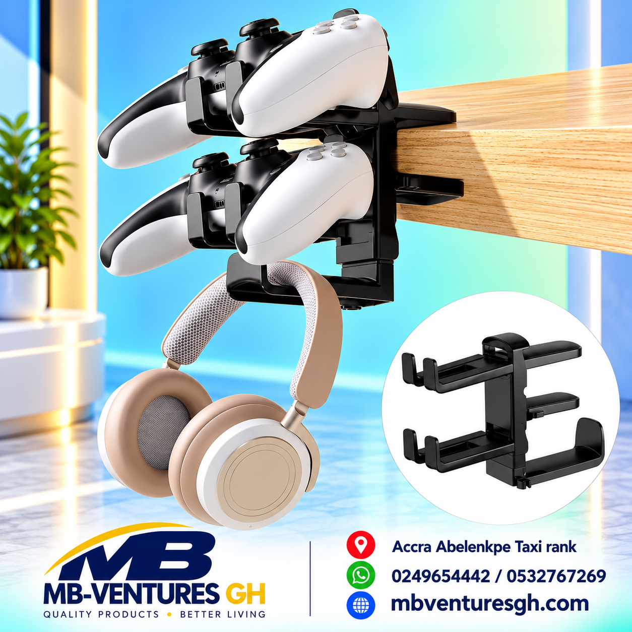 2-in-1 Clamp-On Controller & Headphone Holder — Black